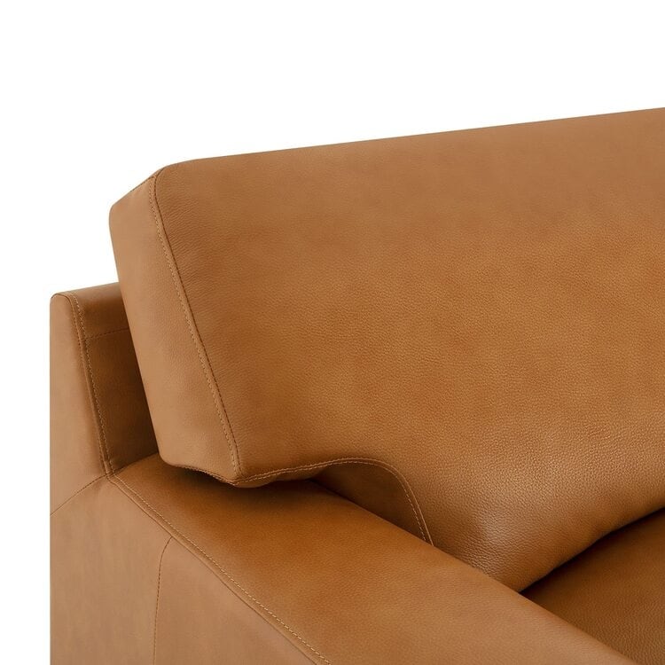Divano moderno in vera pelle con gambe in legno e cuscino di supporto aggiuntivo
