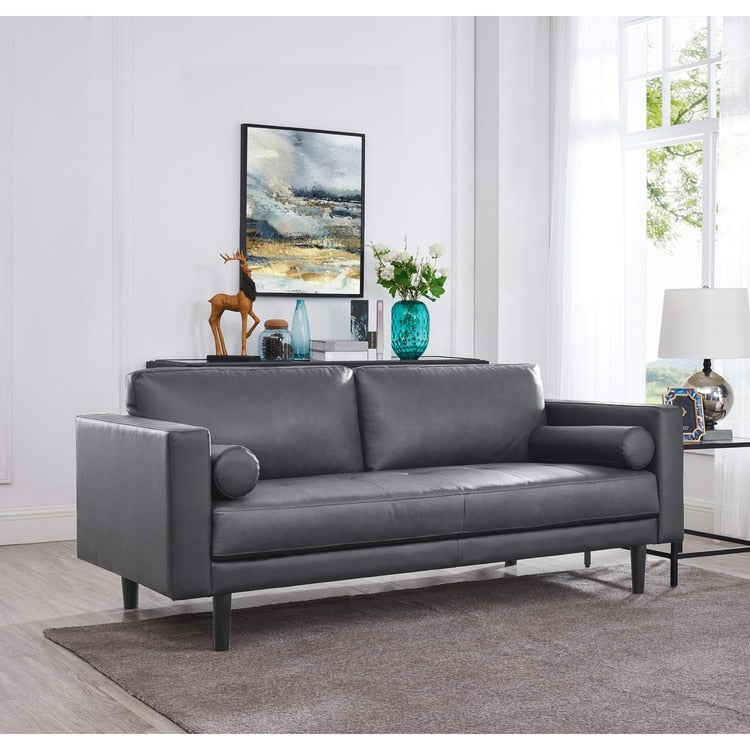 Divano moderno in vera pelle con gambe in legno e cuscino di supporto aggiuntivo