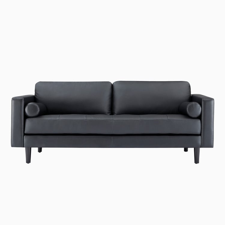 Divano moderno in vera pelle con gambe in legno e cuscino di supporto aggiuntivo