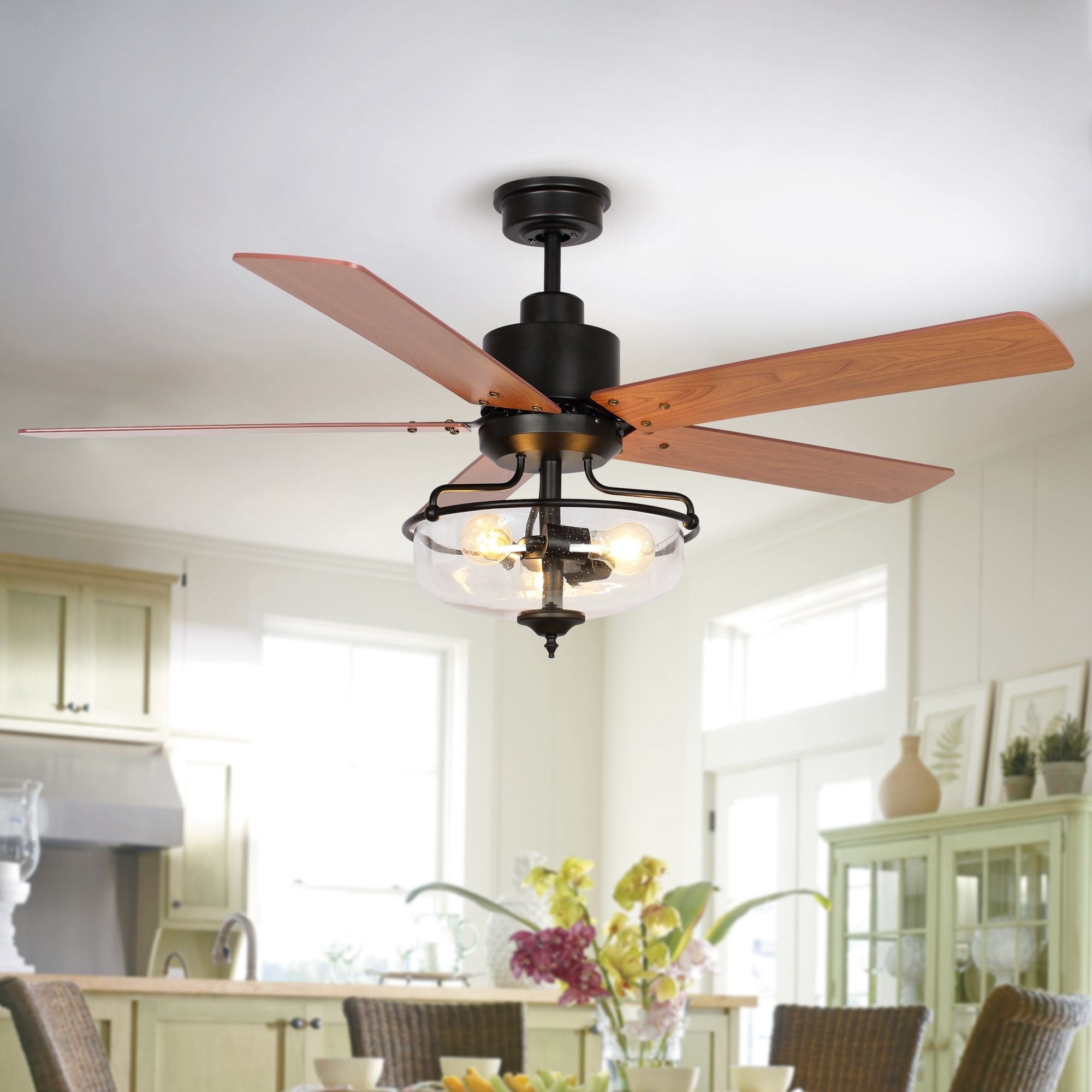 Ventilatore da soffitto reversibile in legno da 52 pollici con 5 pale e 3 luci e telecomando