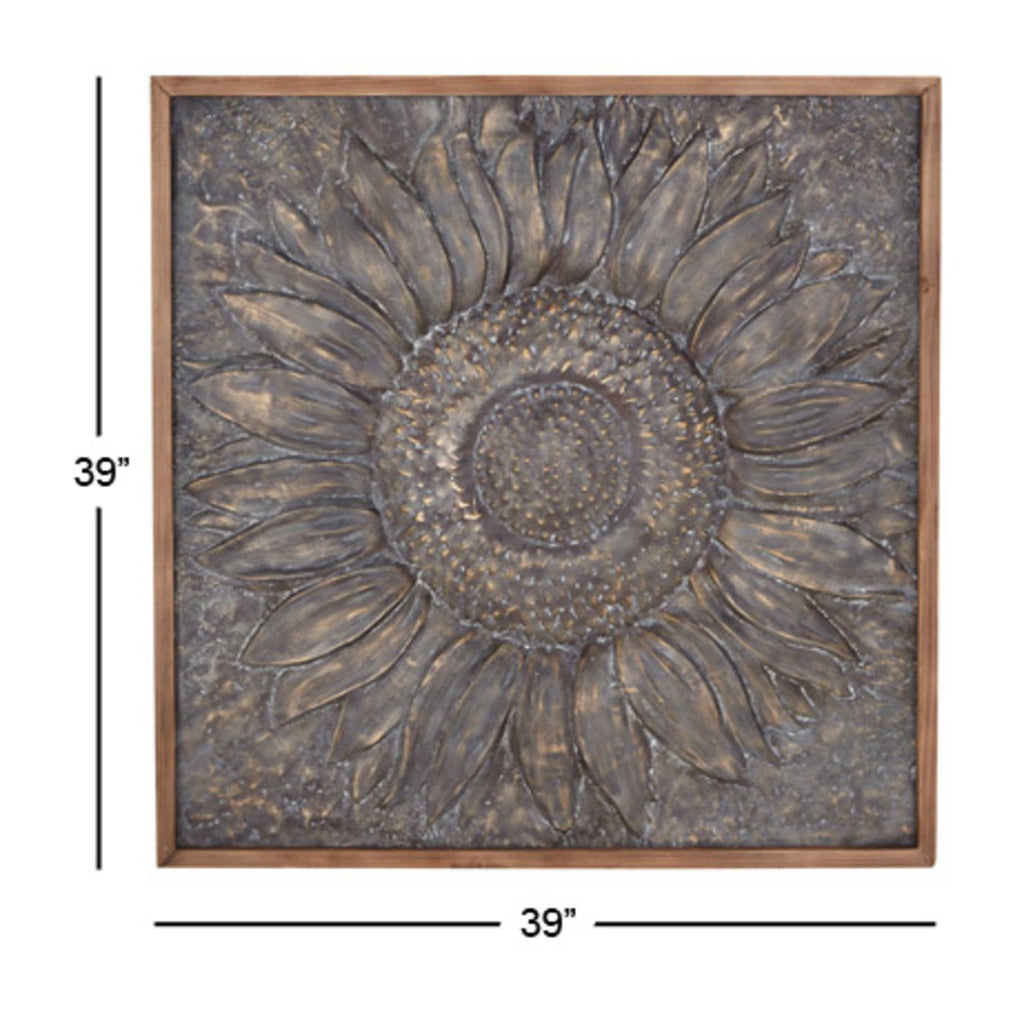Decorazione da parete in metallo con motivo floreale a girasole e dettagli in rilievo - Grigio - Roche River Decor