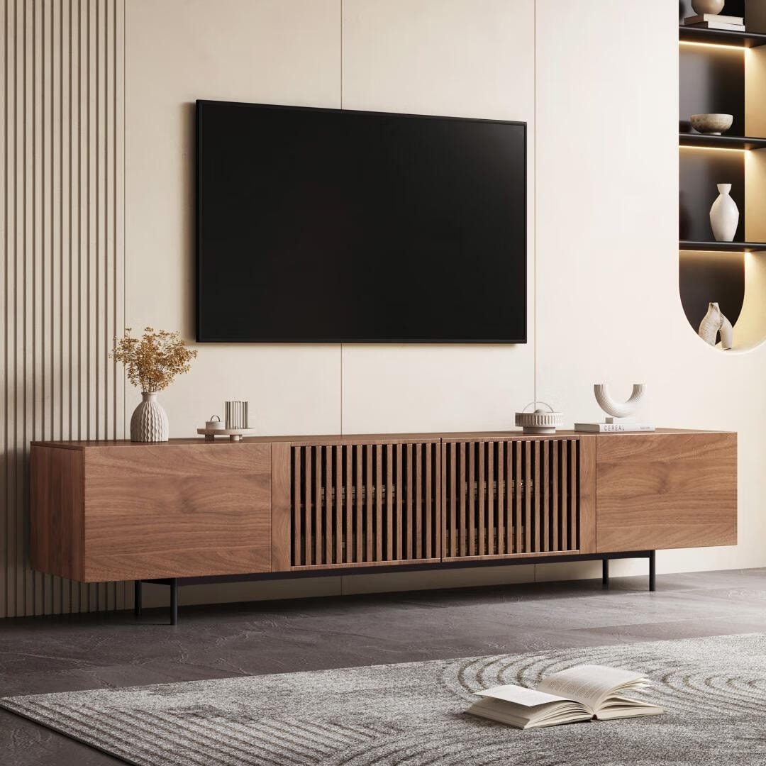 Mobile porta TV moderno di metà secolo con 4 ante, adatto a TV fino a 100 pollici, centro di intrattenimento per soggiorno