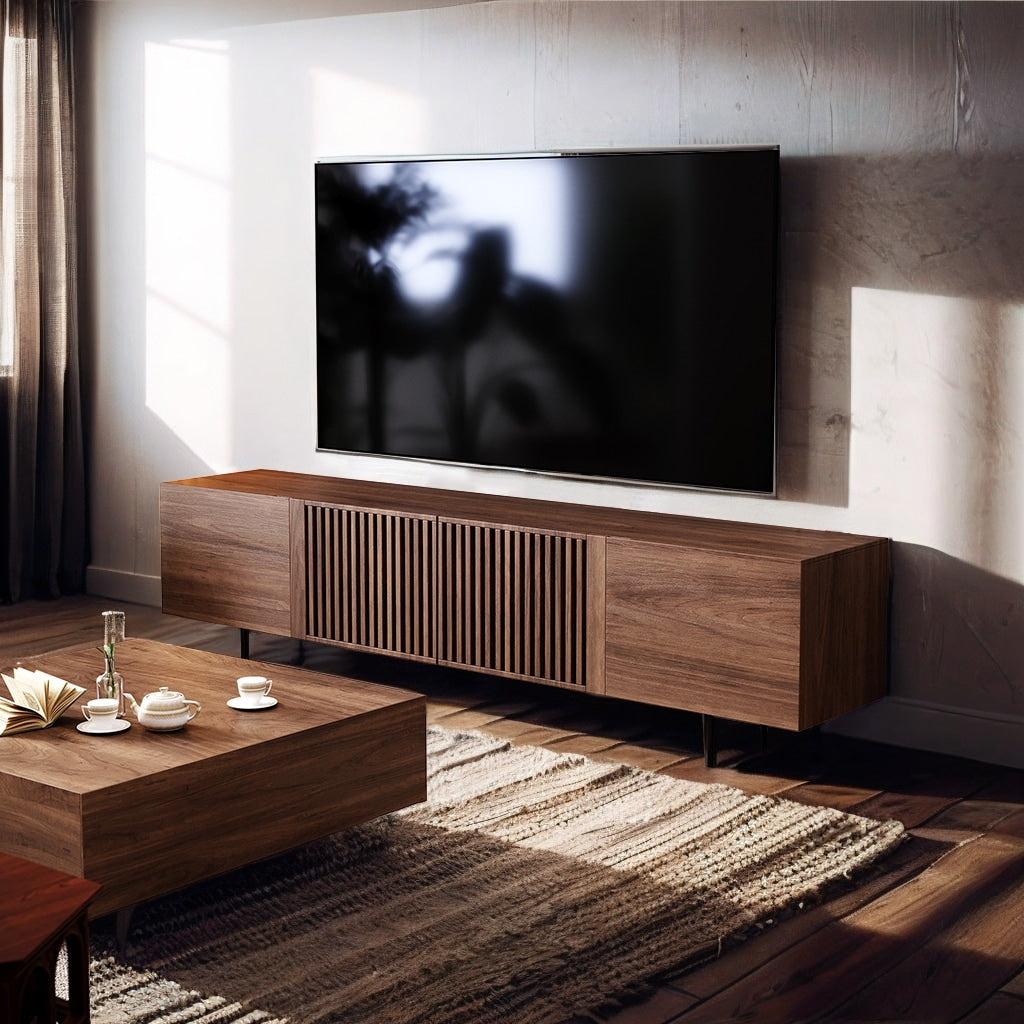Mobile porta TV moderno di metà secolo con 4 ante, adatto a TV fino a 100 pollici, centro di intrattenimento per soggiorno