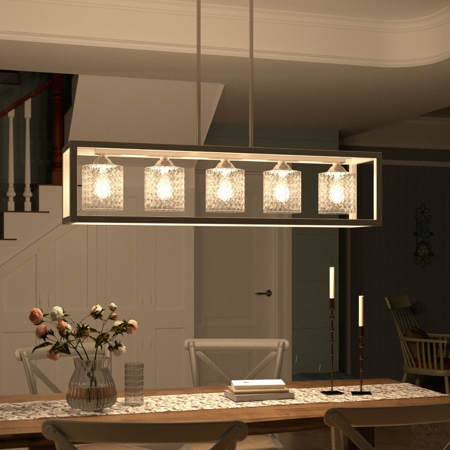 Lampadario rettangolare in cristallo a 5 luci, stile moderno di metà secolo, da 37 pollici, per sala da pranzo - 37 pollici