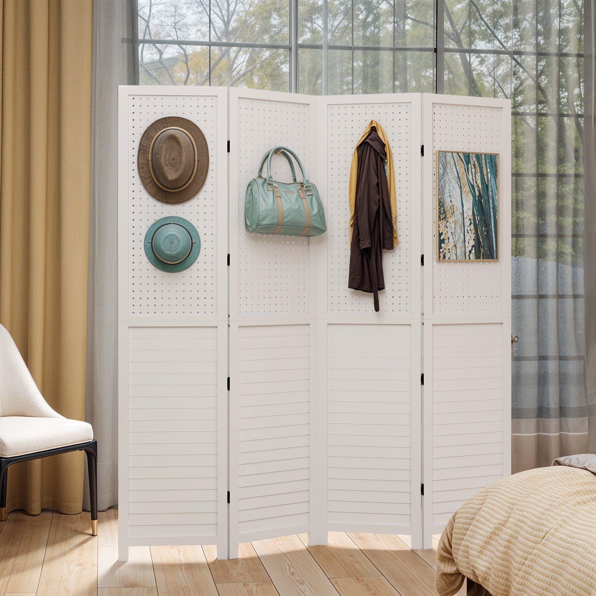 Divisorio per ambienti in legno bianco Moasis 67 a 4 pannelli