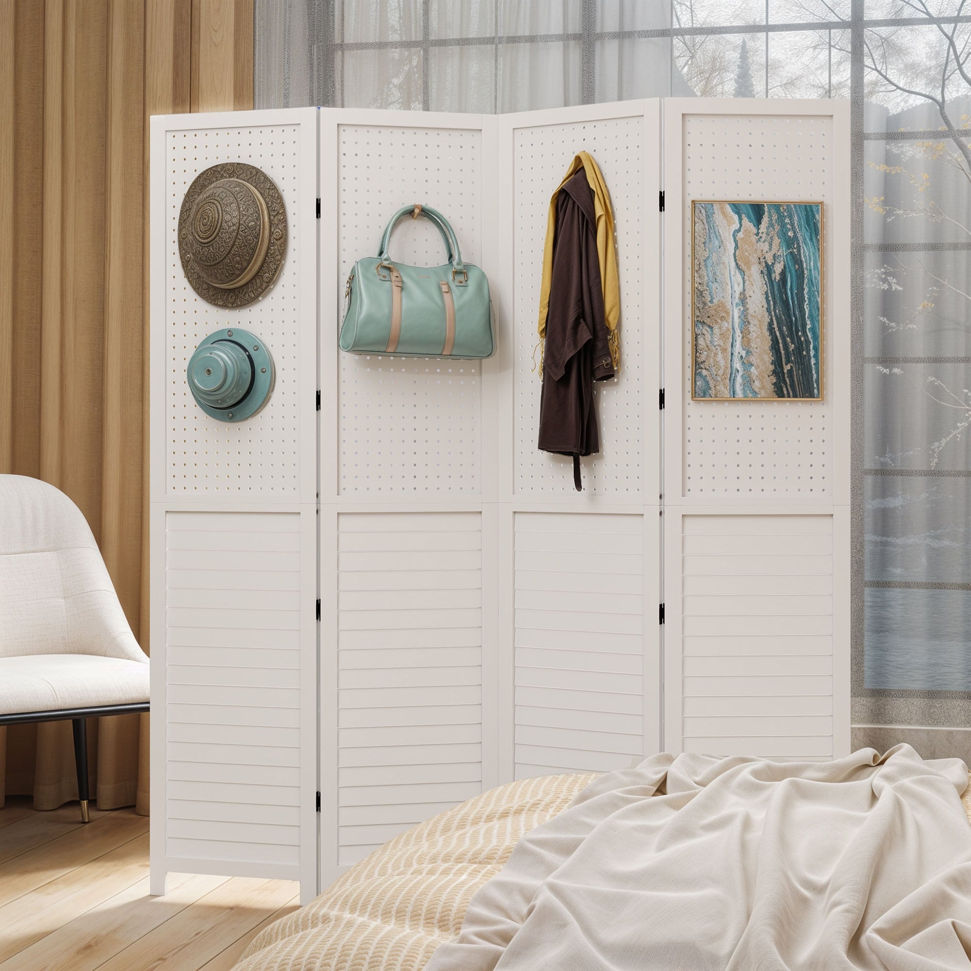 Divisorio per ambienti in legno bianco Moasis 67 a 4 pannelli