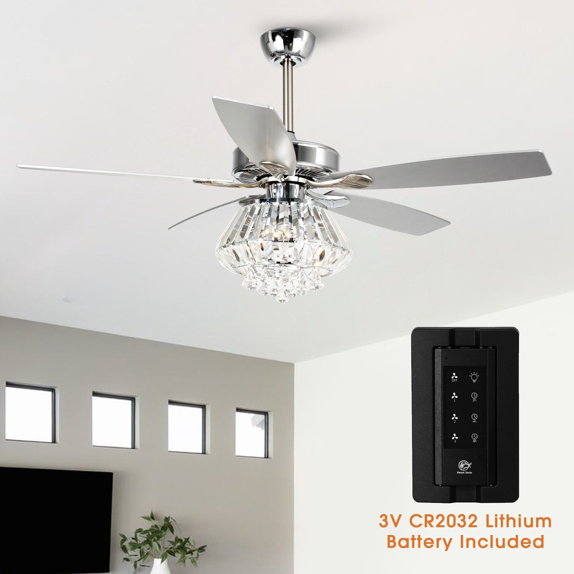 Ventilatore da soffitto moderno in cristallo cromato da 52 pollici con telecomando