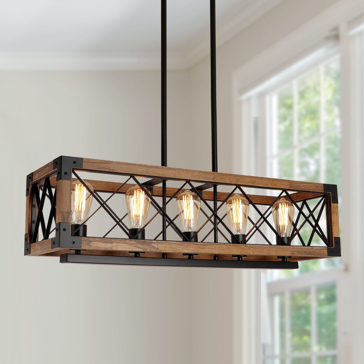 Lampadario moderno in legno rettangolare a 5 luci, stile fattoria, con gabbia per isola, per sala da pranzo - 31,6 L x 10 W x 7,8 H