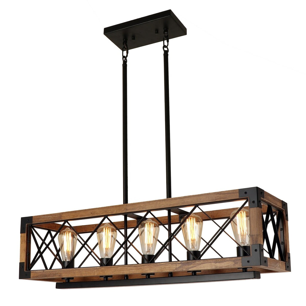 Lampadario moderno in legno rettangolare a 5 luci, stile fattoria, con gabbia per isola, per sala da pranzo - 31,6 L x 10 W x 7,8 H