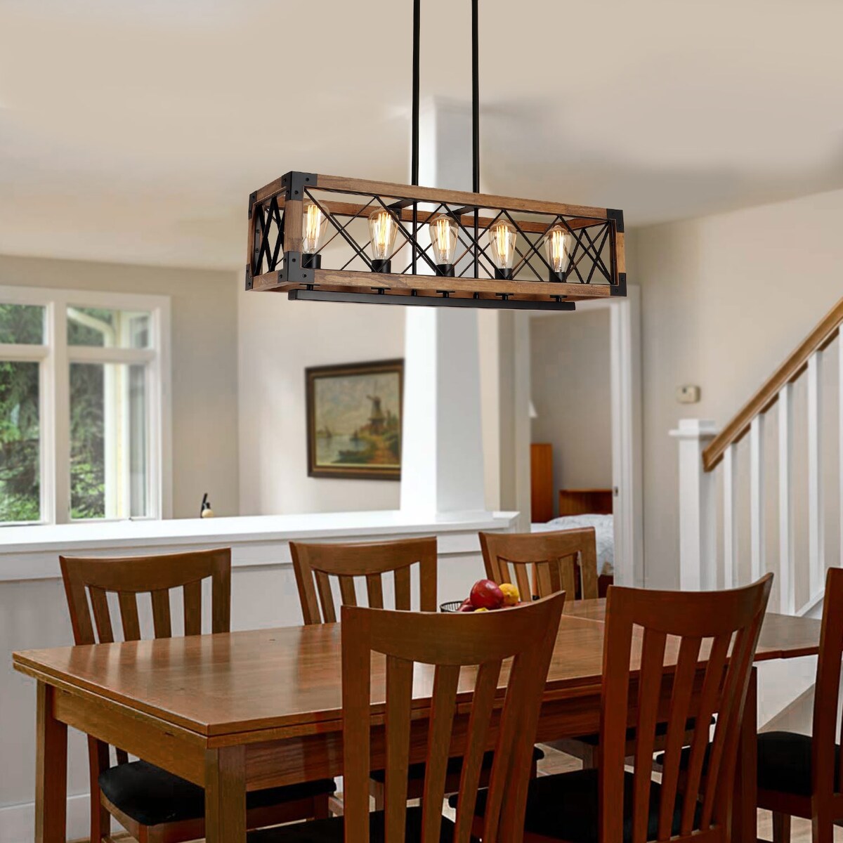 Lampadario moderno in legno rettangolare a 5 luci, stile fattoria, con gabbia per isola, per sala da pranzo - 31,6 L x 10 W x 7,8 H