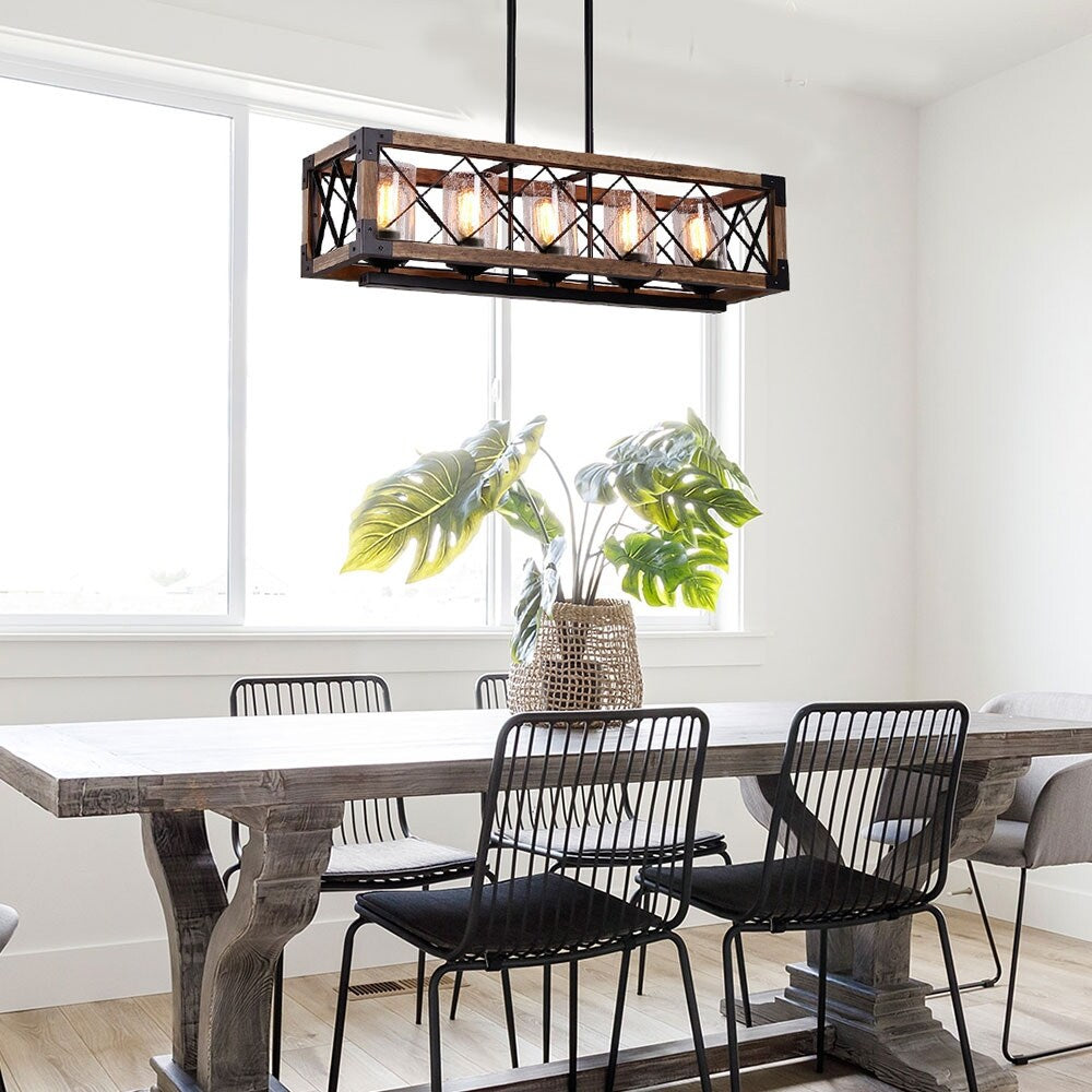 Lampadario moderno in stile rustico a 5 luci in legno rettangolare con semi in vetro per isola cucina, sala da pranzo - 31,5 L x 8,75 P x 8 A