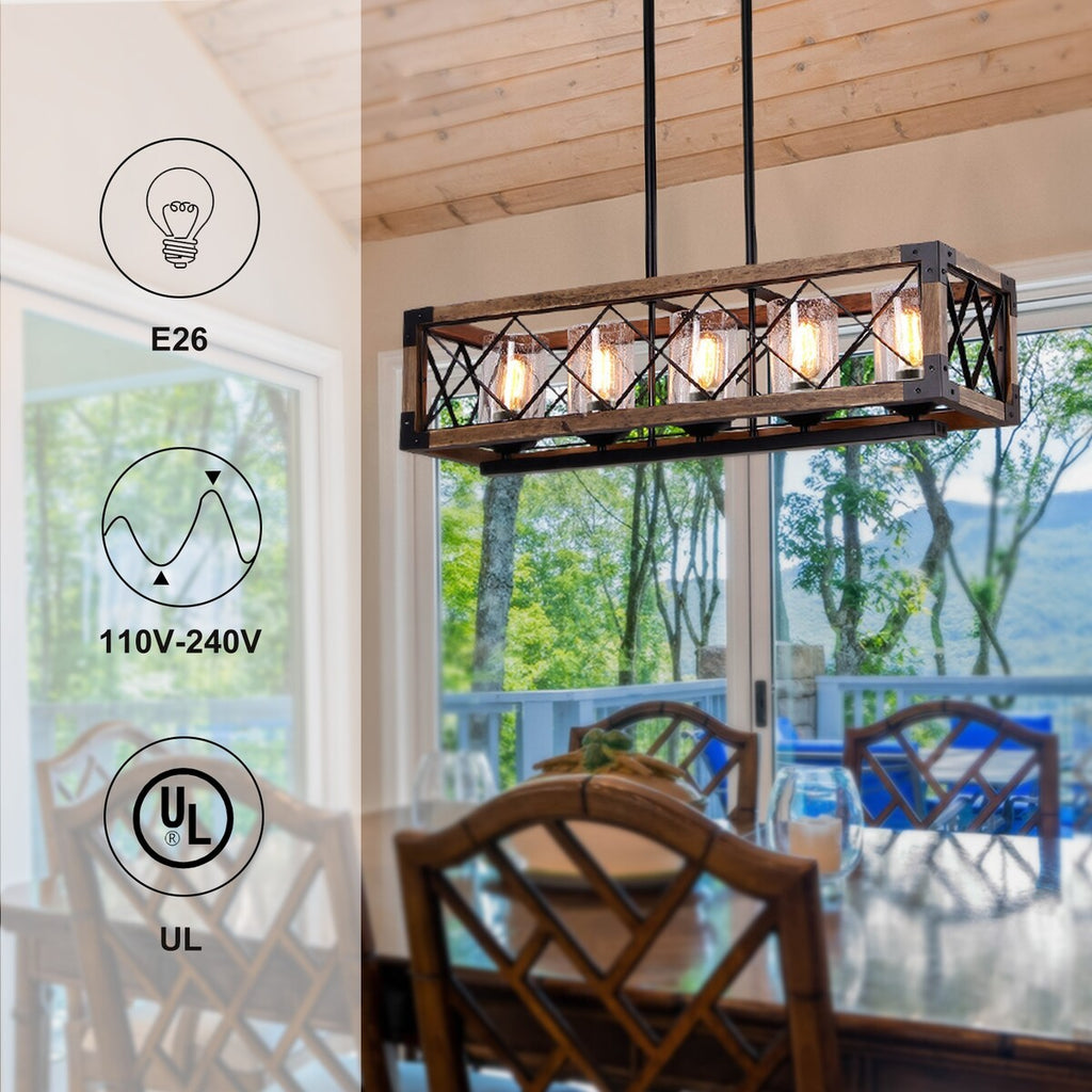 Lampadario moderno in stile rustico a 5 luci in legno rettangolare con semi in vetro per isola cucina, sala da pranzo - 31,5 L x 8,75 P x 8 A