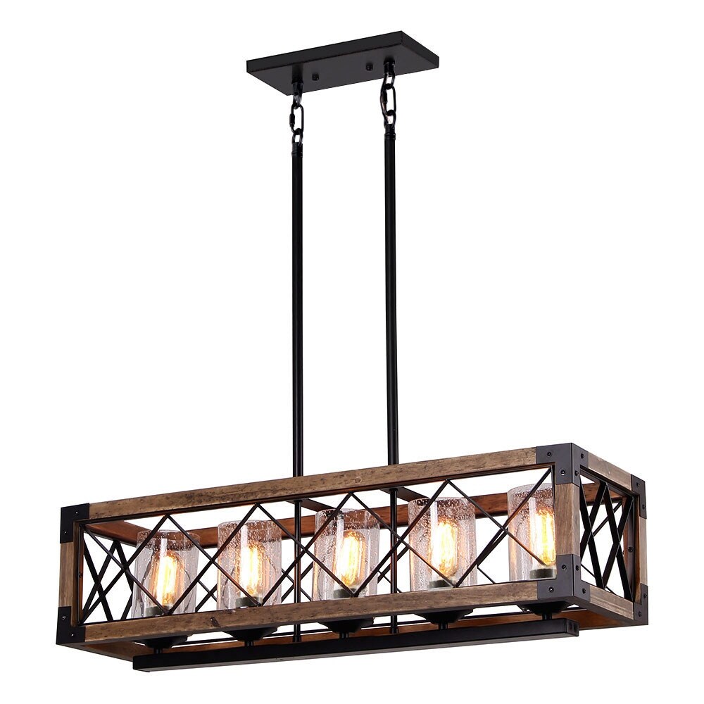 Lampadario moderno in stile rustico a 5 luci in legno rettangolare con semi in vetro per isola cucina, sala da pranzo - 31,5 L x 8,75 P x 8 A