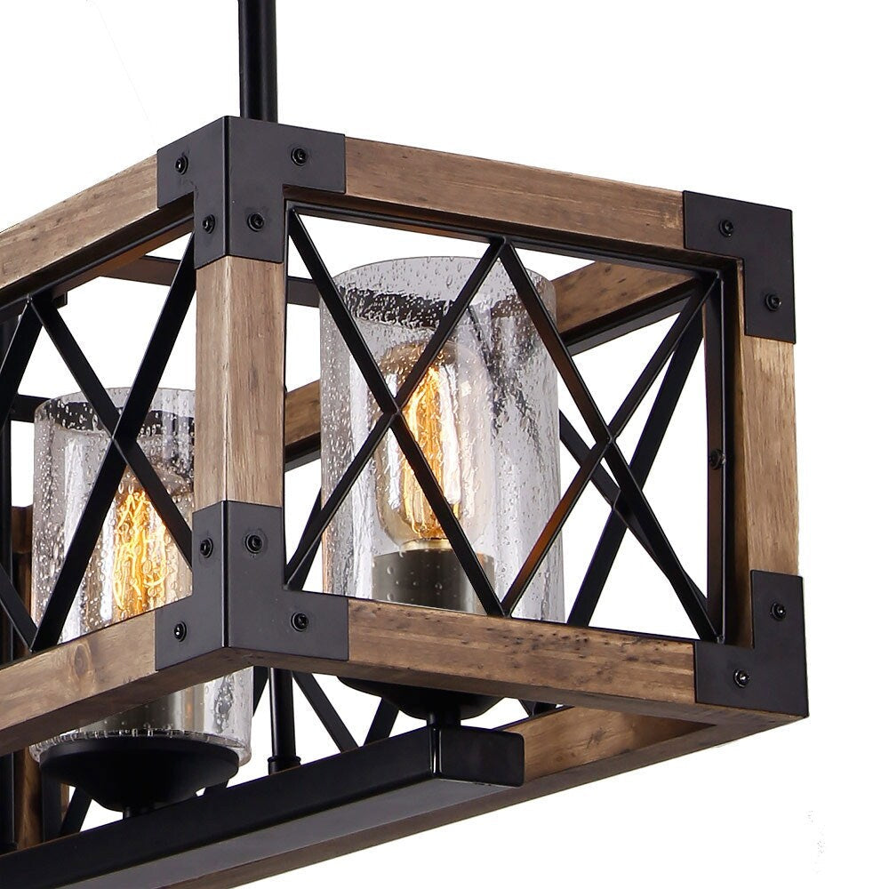 Lampadario moderno in stile rustico a 5 luci in legno rettangolare con semi in vetro per isola cucina, sala da pranzo - 31,5 L x 8,75 P x 8 A