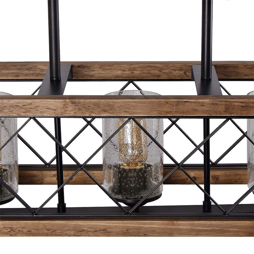 Lampadario moderno in stile rustico a 5 luci in legno rettangolare con semi in vetro per isola cucina, sala da pranzo - 31,5 L x 8,75 P x 8 A