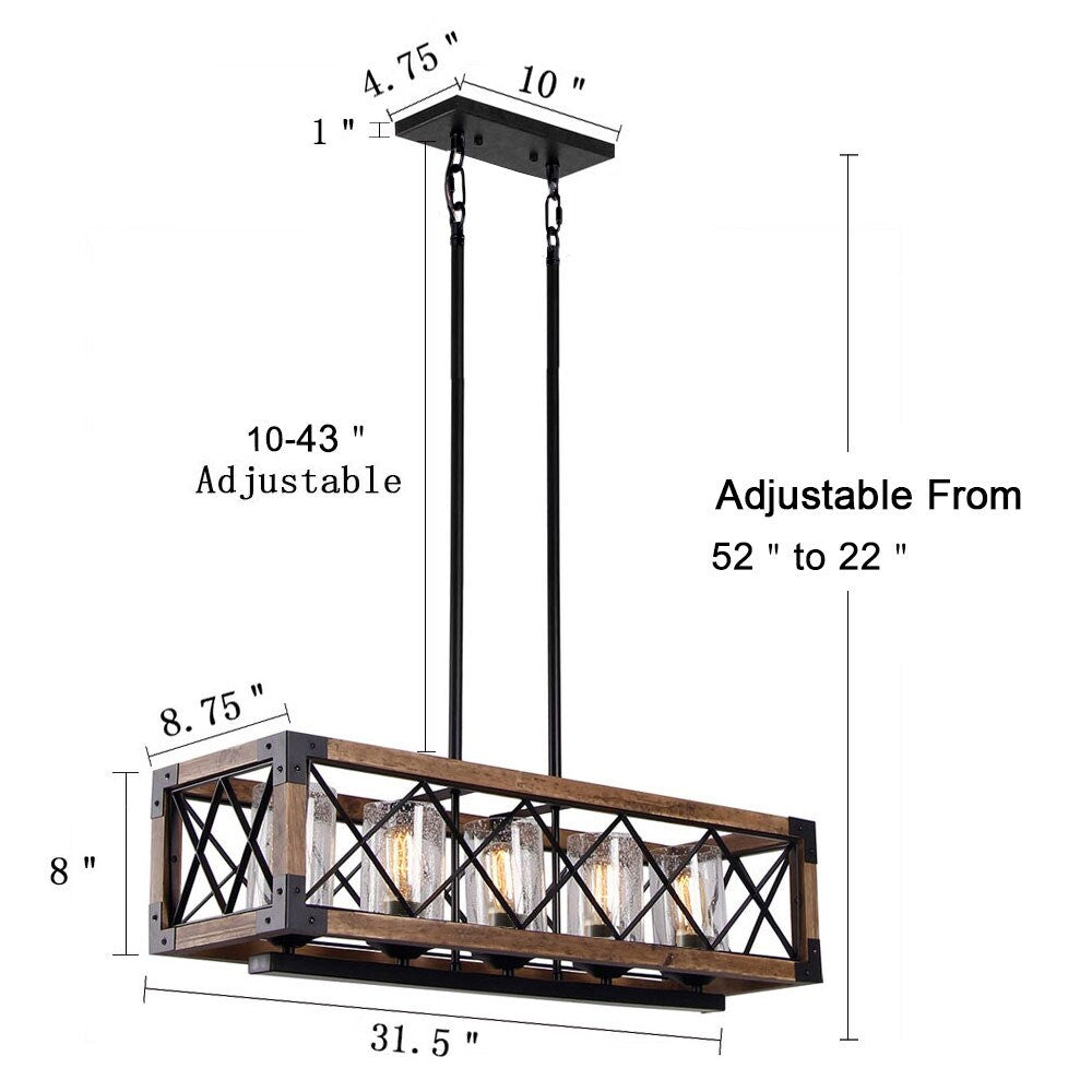 Lampadario moderno in stile rustico a 5 luci in legno rettangolare con semi in vetro per isola cucina, sala da pranzo - 31,5 L x 8,75 P x 8 A