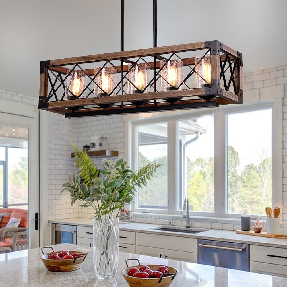 Lampadario moderno in stile rustico a 5 luci in legno rettangolare con semi in vetro per isola cucina, sala da pranzo - 31,5 L x 8,75 P x 8 A