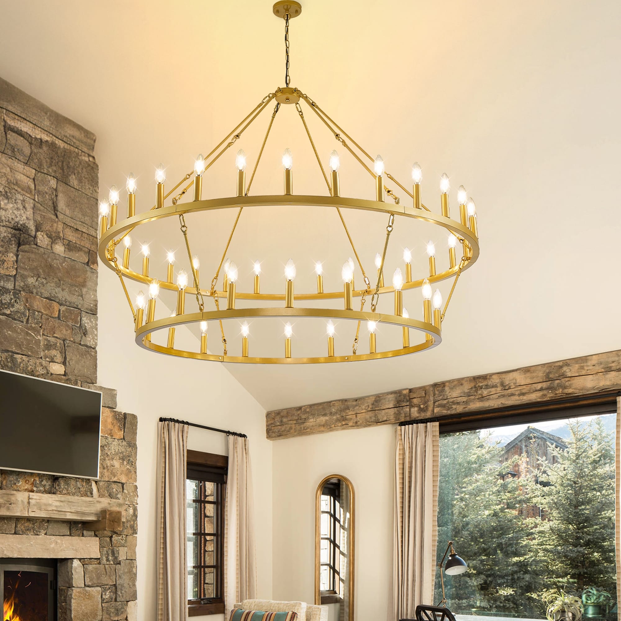 Lampadario moderno in stile fattoria, lampadario a ruota di carro rotondo a 2 livelli, grande lampadario alto da soffitto.