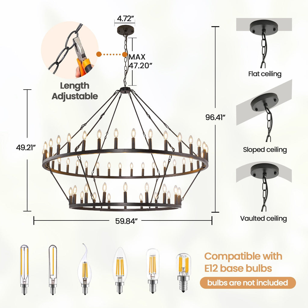 Lampadario moderno in stile fattoria, lampadario a ruota di carro rotondo a 2 livelli, grande lampadario alto da soffitto.