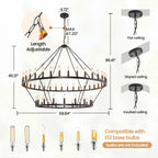 Lampadario moderno in stile fattoria, lampadario a ruota di carro rotondo a 2 livelli, grande lampadario alto da soffitto.
