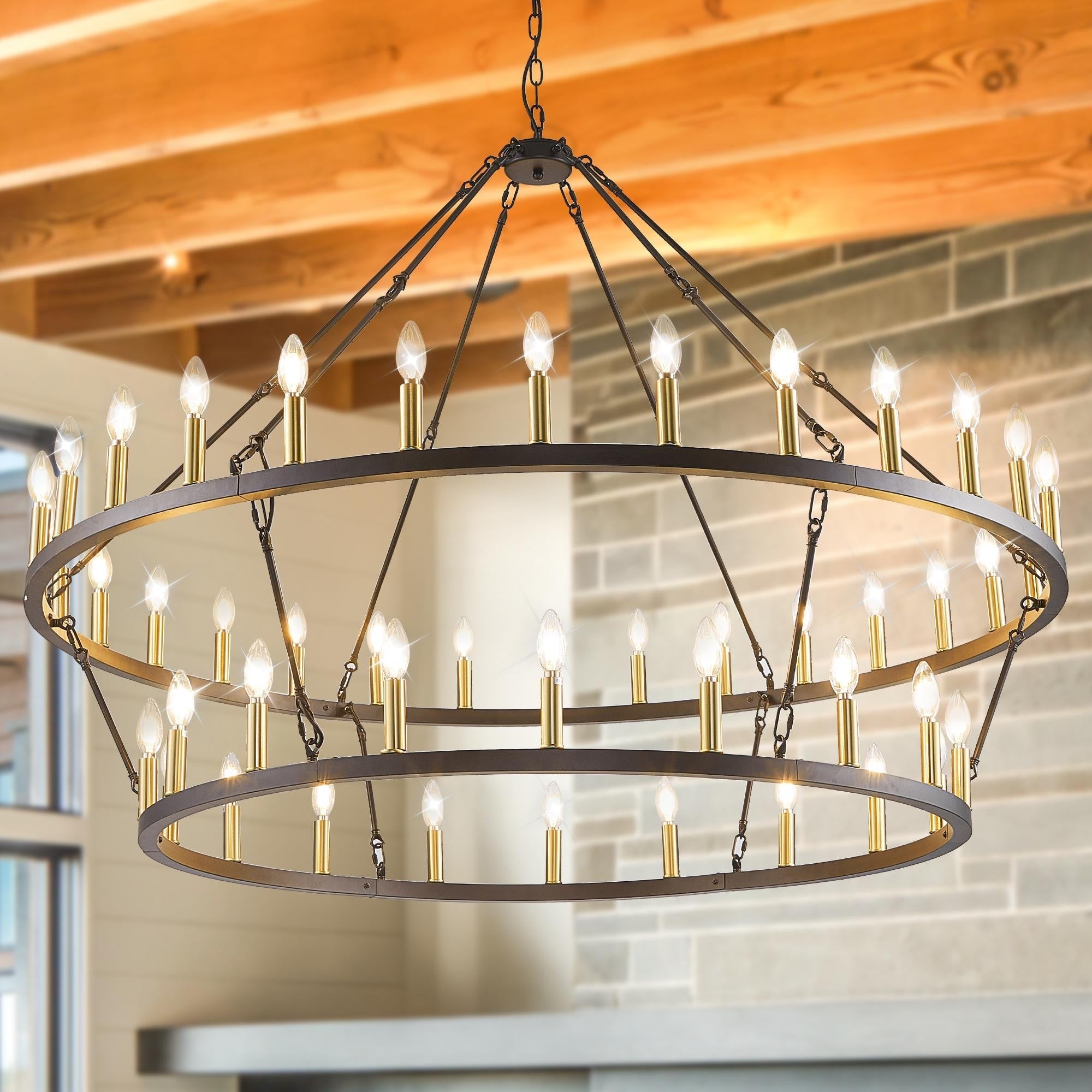 Lampadario moderno in stile fattoria, lampadario a ruota di carro rotondo a 2 livelli, grande lampadario alto da soffitto.