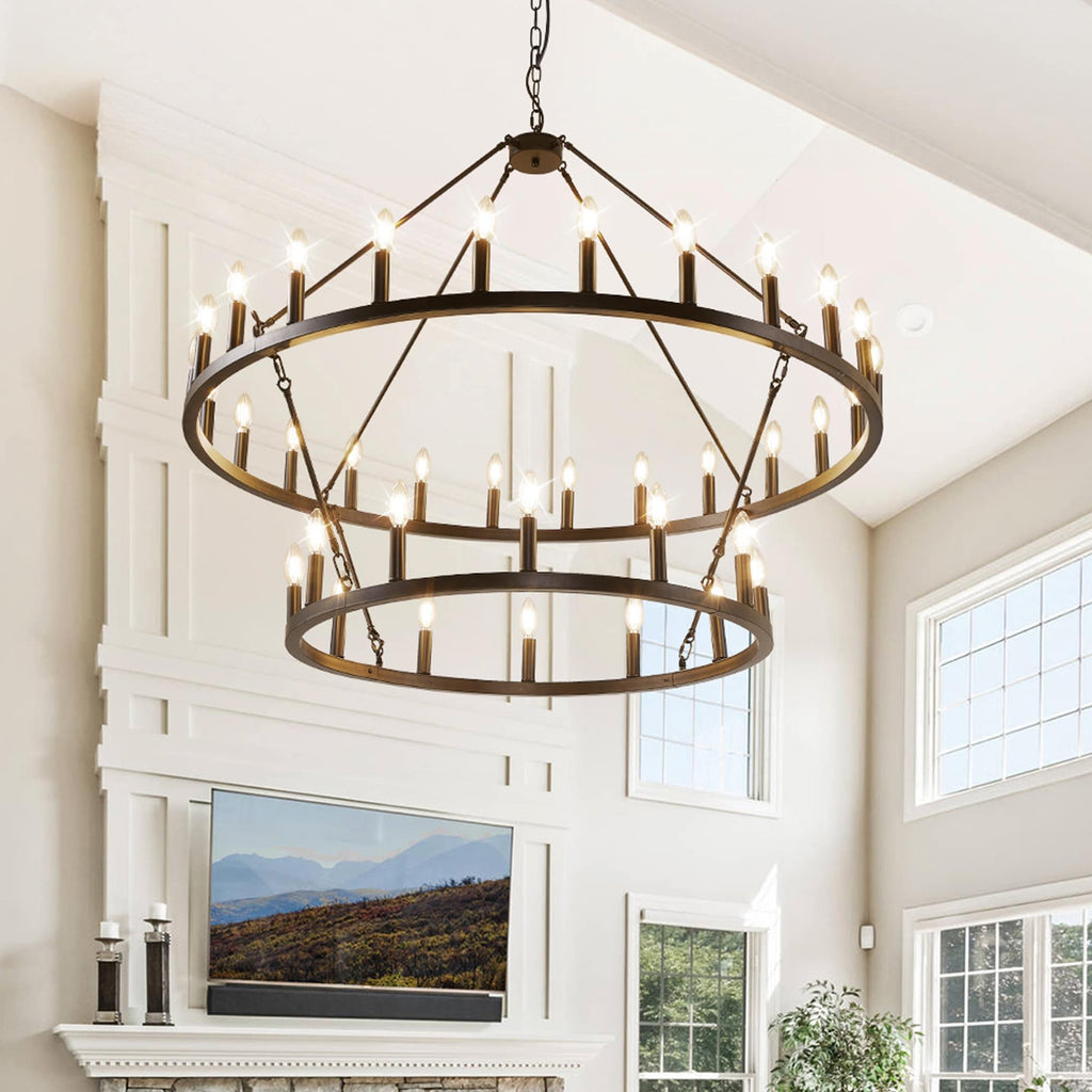 Lampadario moderno in stile fattoria, lampadario a ruota di carro rotondo a 2 livelli, grande lampadario alto da soffitto.