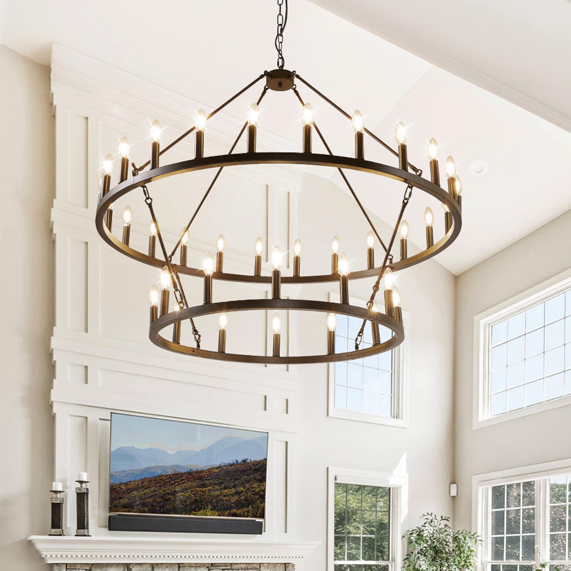 Lampadario moderno in stile fattoria, lampadario a ruota di carro rotondo a 2 livelli, grande lampadario alto da soffitto.