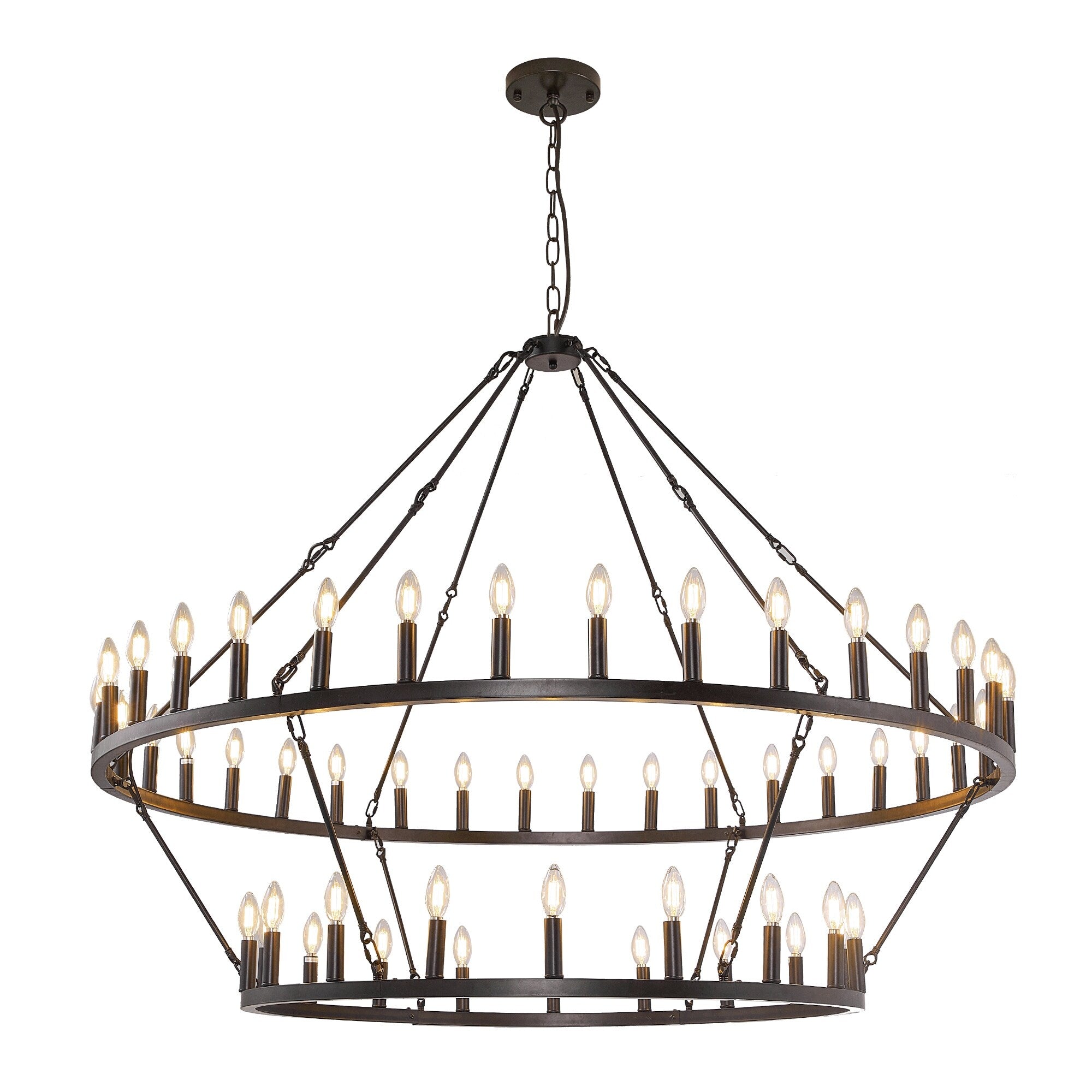 Lampadario moderno in stile fattoria, lampadario a ruota di carro rotondo a 2 livelli, grande lampadario alto da soffitto.