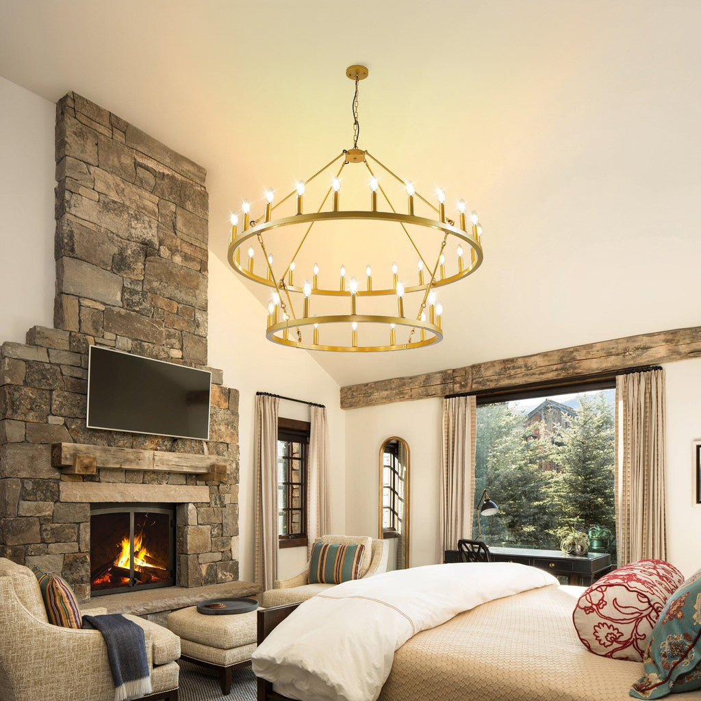 Lampadario moderno in stile fattoria, lampadario a ruota di carro rotondo a 2 livelli, grande lampadario alto da soffitto.