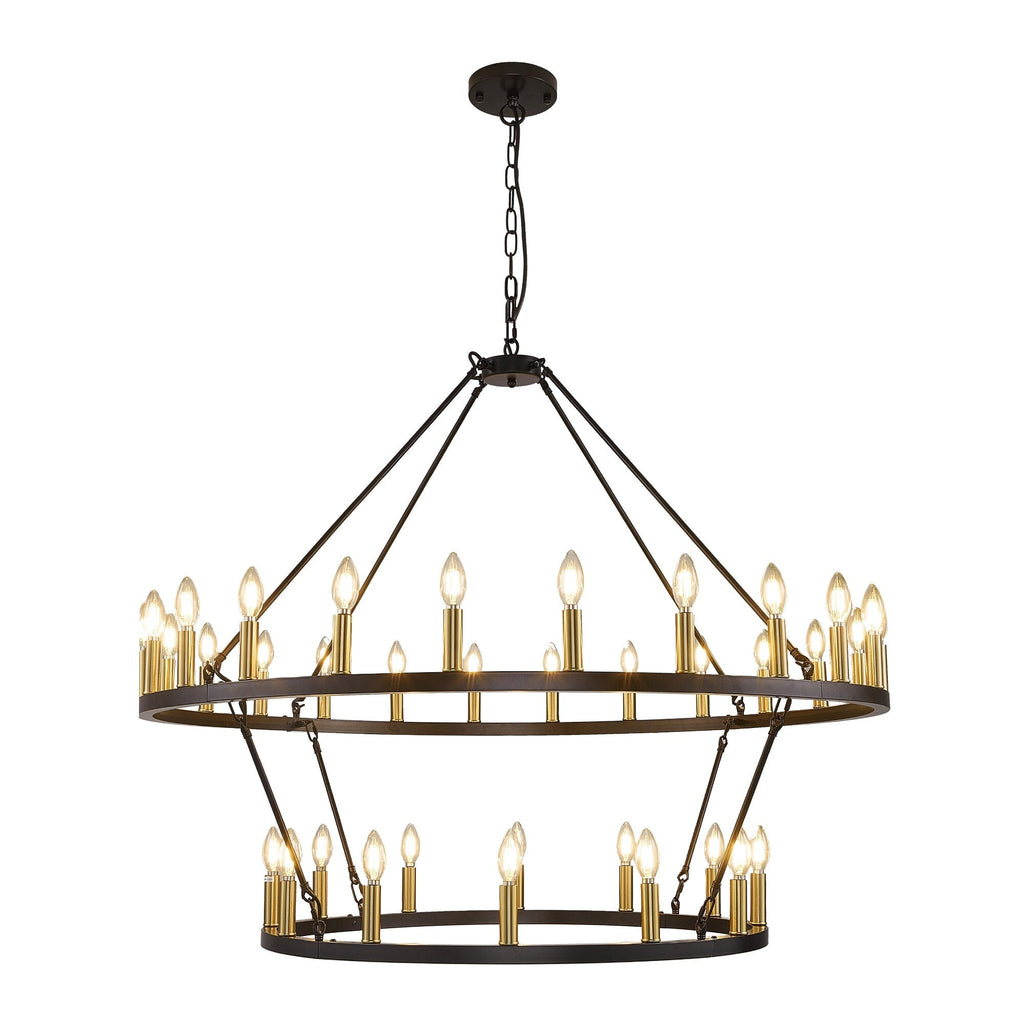 Lampadario moderno in stile fattoria, lampadario a ruota di carro rotondo a 2 livelli, grande lampadario alto da soffitto.