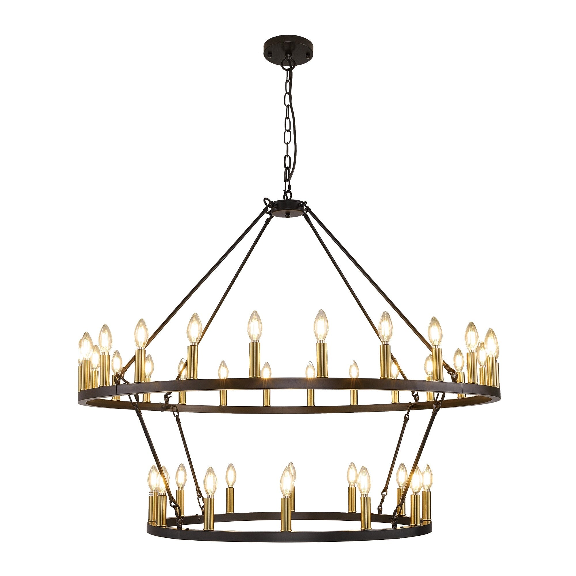 Lampadario moderno in stile fattoria, lampadario a ruota di carro rotondo a 2 livelli, grande lampadario alto da soffitto.