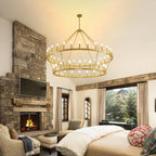 Lampadario moderno in stile fattoria, lampadario a ruota di carro rotondo a 2 livelli, grande lampadario alto da soffitto.
