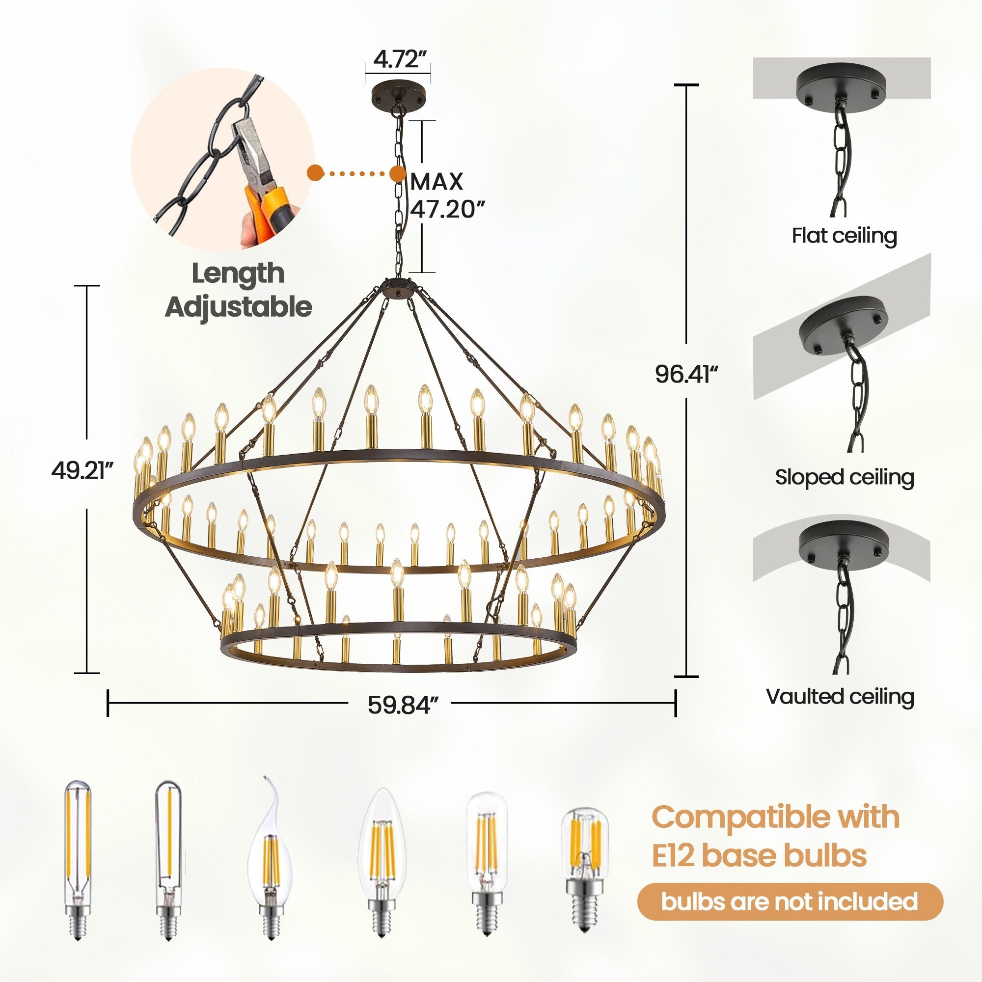 Lampadario moderno in stile fattoria, lampadario a ruota di carro rotondo a 2 livelli, grande lampadario alto da soffitto.