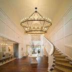 Lampadario moderno in stile fattoria, lampadario a ruota di carro rotondo a 2 livelli, grande lampadario alto da soffitto.