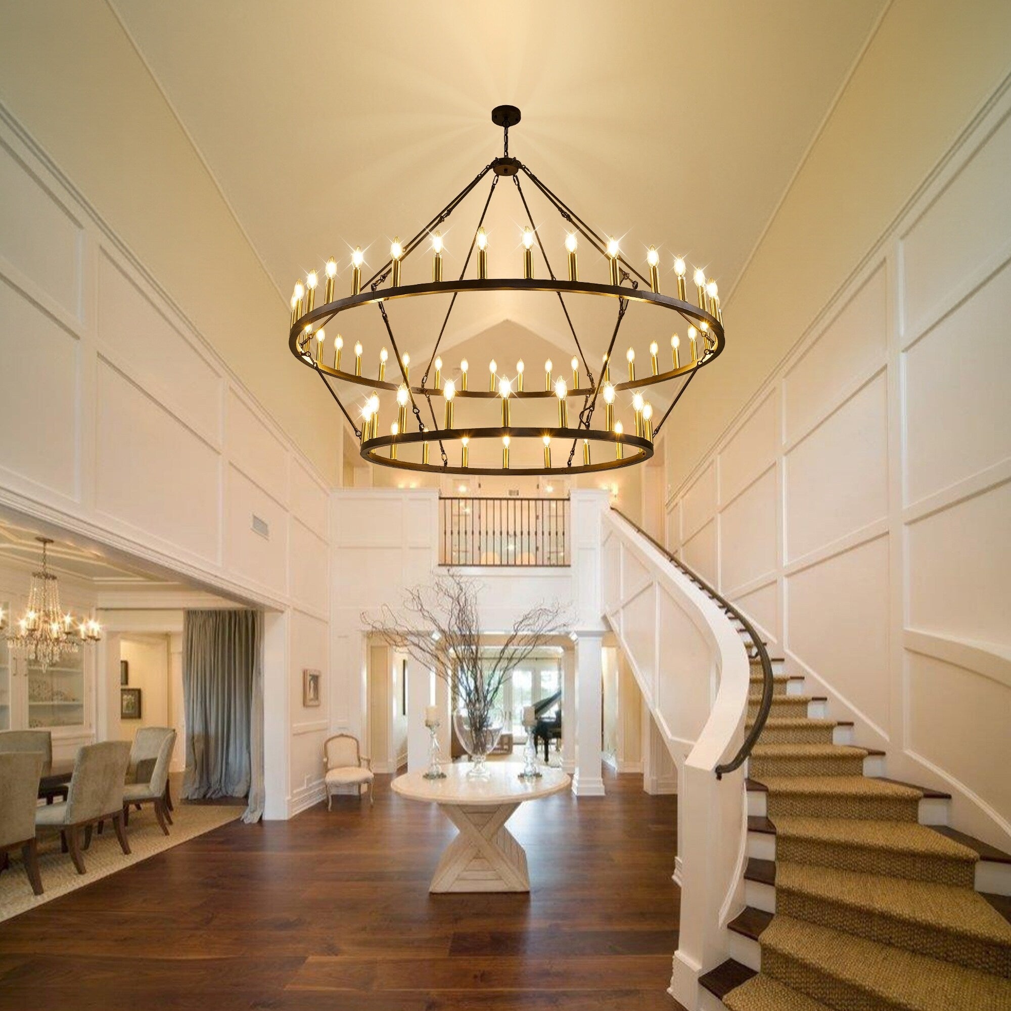 Lampadario moderno in stile fattoria, lampadario a ruota di carro rotondo a 2 livelli, grande lampadario alto da soffitto.