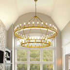 Lampadario moderno in stile fattoria, lampadario a ruota di carro rotondo a 2 livelli, grande lampadario alto da soffitto.