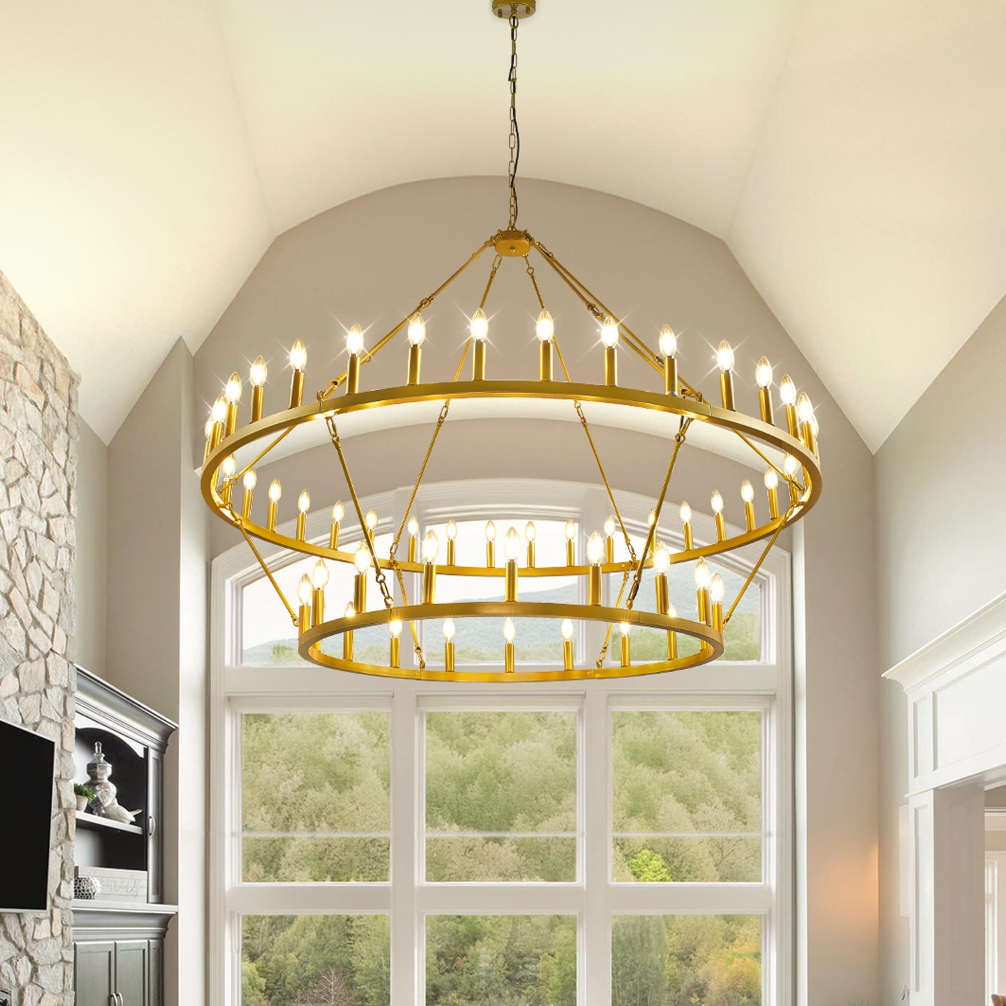 Lampadario moderno in stile fattoria, lampadario a ruota di carro rotondo a 2 livelli, grande lampadario alto da soffitto.
