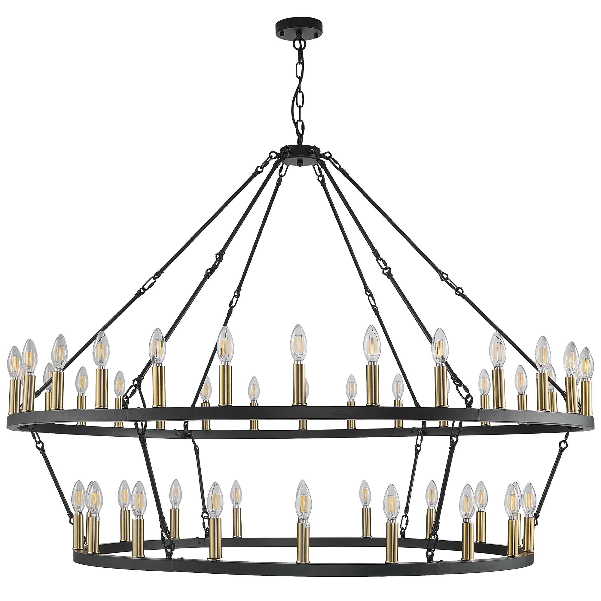 Lampadario moderno in stile fattoria, lampadario a ruota di carro rotondo a 2 livelli, grande lampadario alto da soffitto.