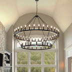 Lampadario moderno in stile fattoria, lampadario a ruota di carro rotondo a 2 livelli, grande lampadario alto da soffitto.