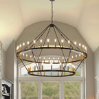 Lampadario moderno in stile fattoria, lampadario a ruota di carro rotondo a 2 livelli, grande lampadario alto da soffitto.
