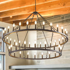 Lampadario moderno in stile fattoria, lampadario a ruota di carro rotondo a 2 livelli, grande lampadario alto da soffitto.