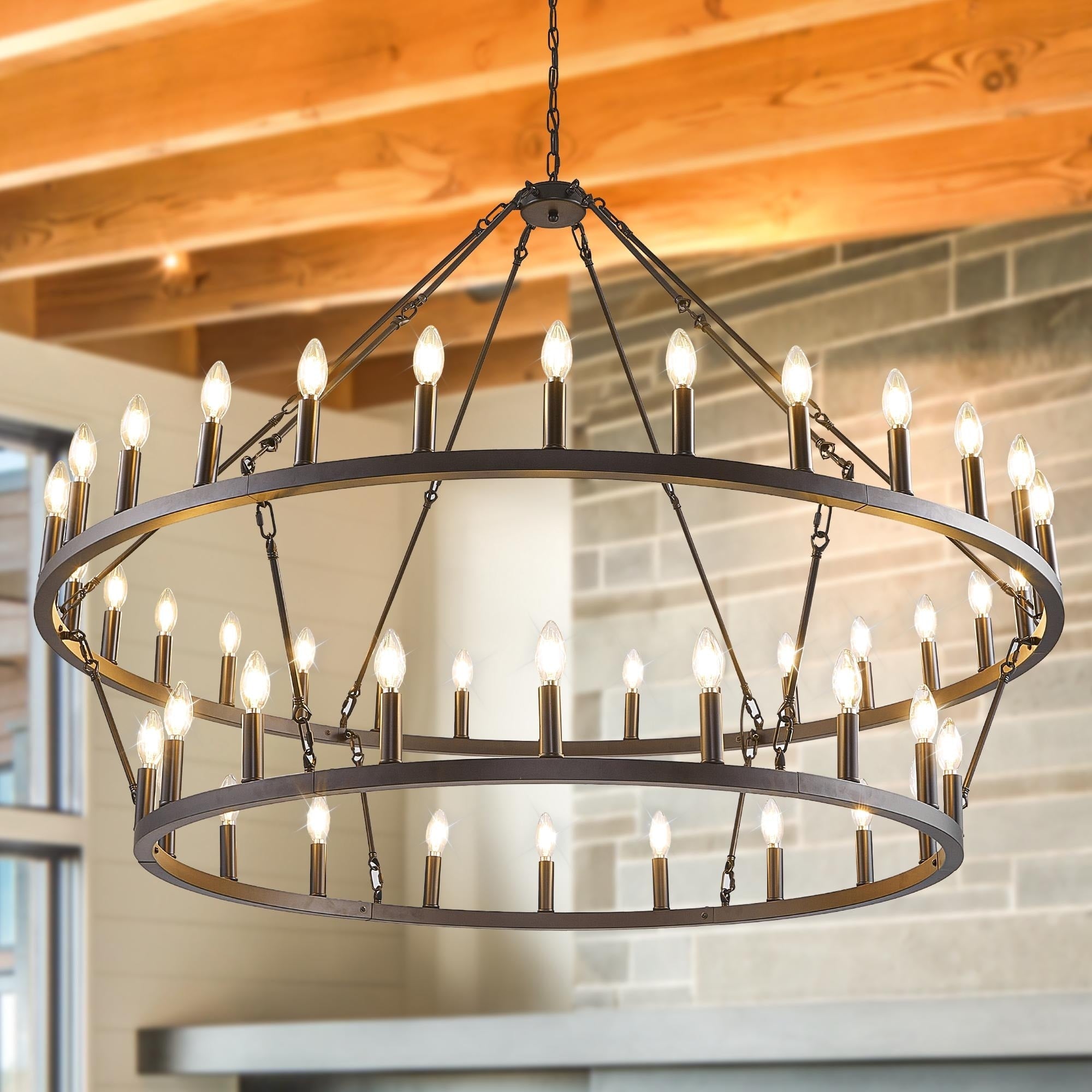 Lampadario moderno in stile fattoria, lampadario a ruota di carro rotondo a 2 livelli, grande lampadario alto da soffitto.