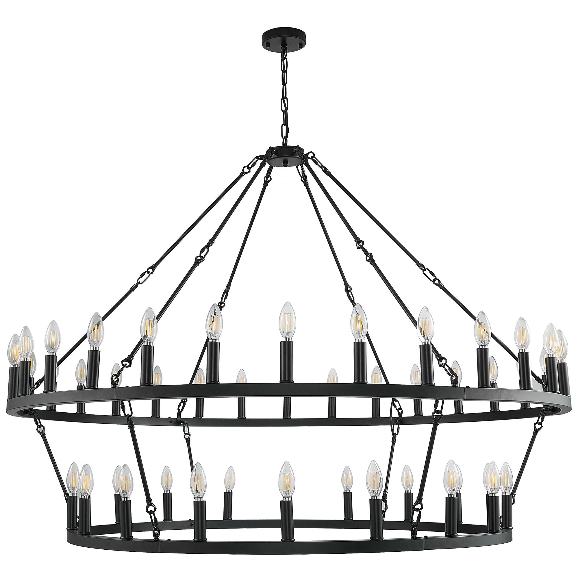 Lampadario moderno in stile fattoria, lampadario a ruota di carro rotondo a 2 livelli, grande lampadario alto da soffitto.