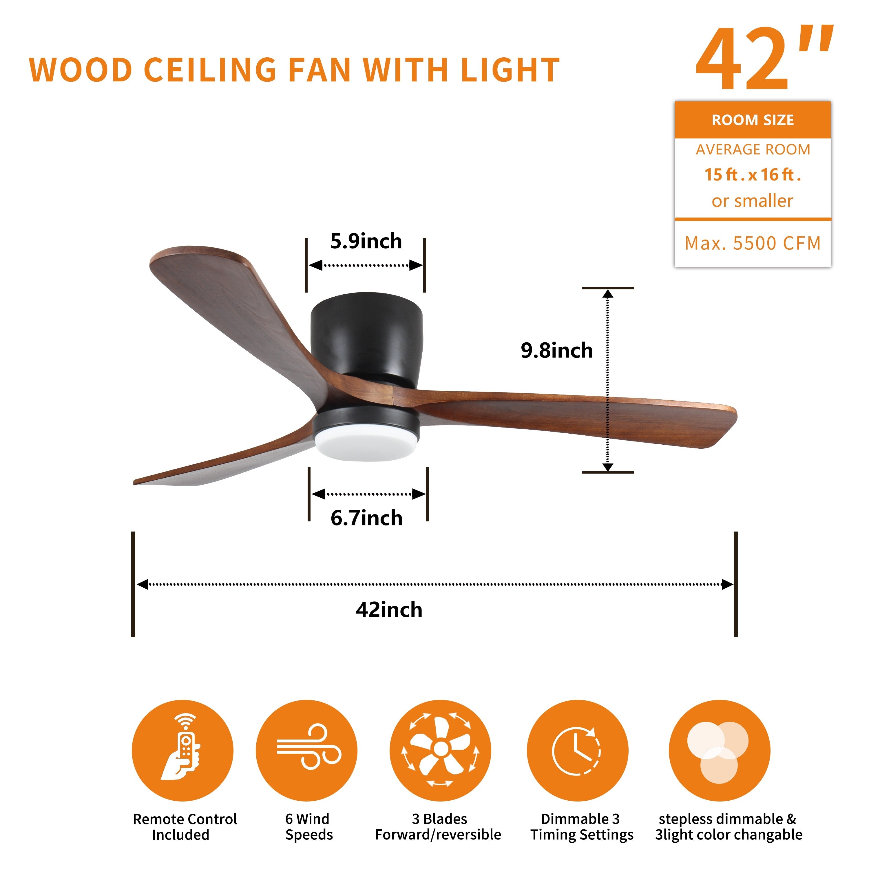 Ventilatori da soffitto moderni a filo con luce LED dimmerabile e telecomando, ventilatori da soffitto con motore reversibile da 42 W, neri