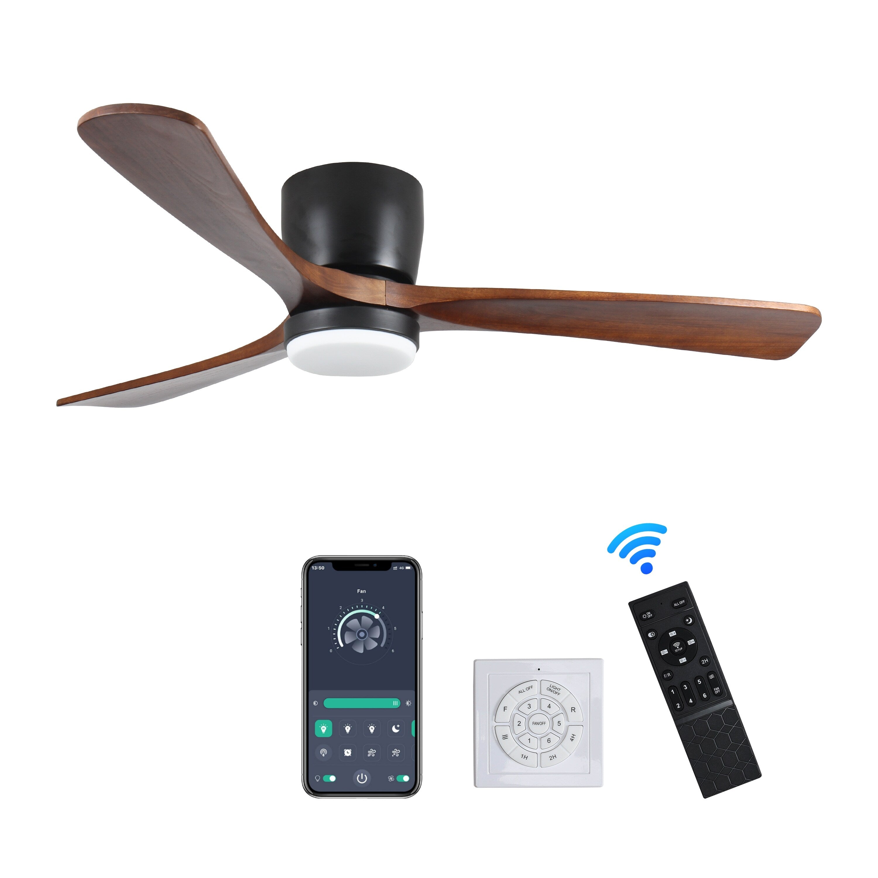 Ventilatori da soffitto moderni a filo con luce LED dimmerabile e telecomando, ventilatori da soffitto con motore reversibile da 42 W, neri