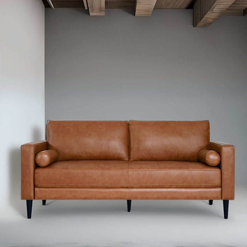 Divano moderno in vera pelle con gambe in legno e cuscino di supporto aggiuntivo