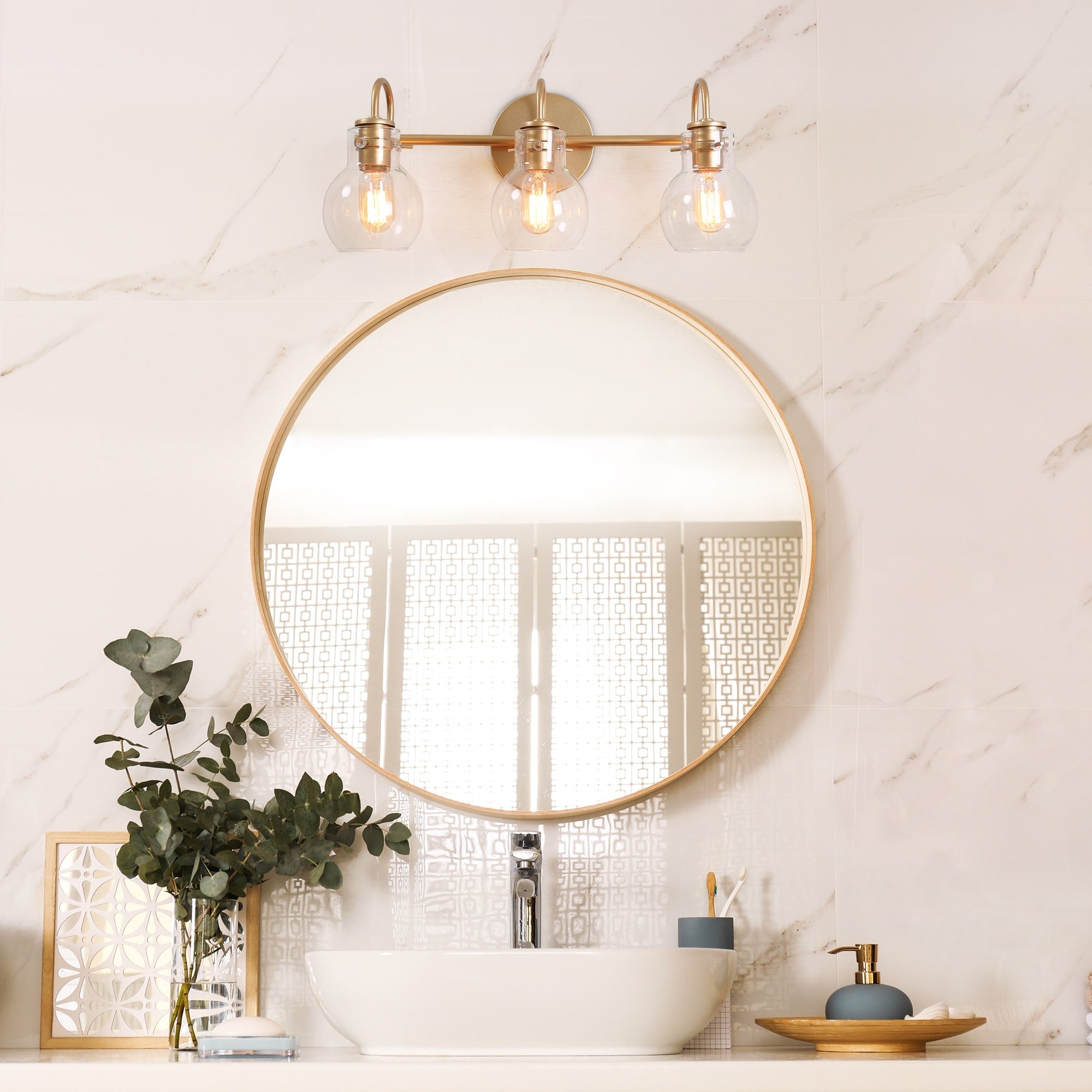 Applique da parete in vetro a forma di sfera, moderna, per bagno, a 3 luci, color oro