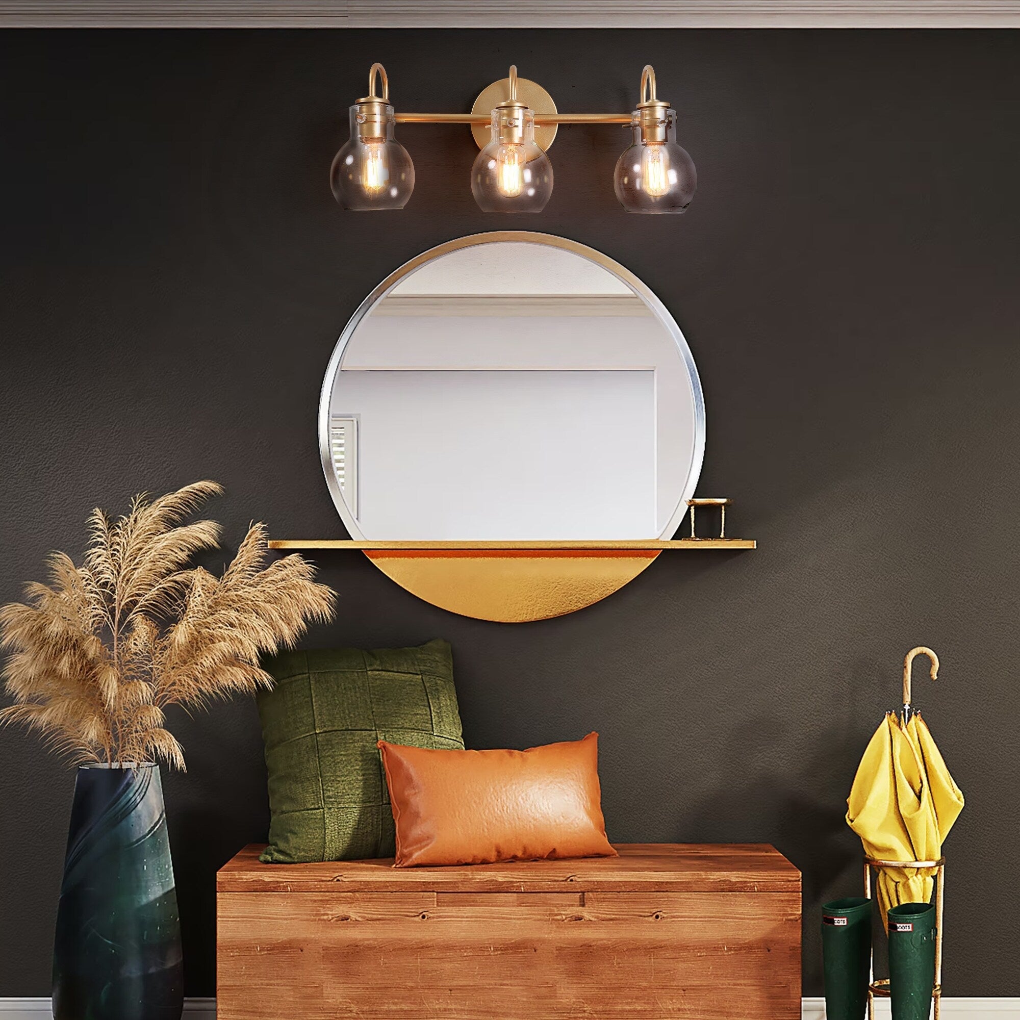 Applique da parete in vetro a forma di sfera, moderna, per bagno, a 3 luci, color oro
