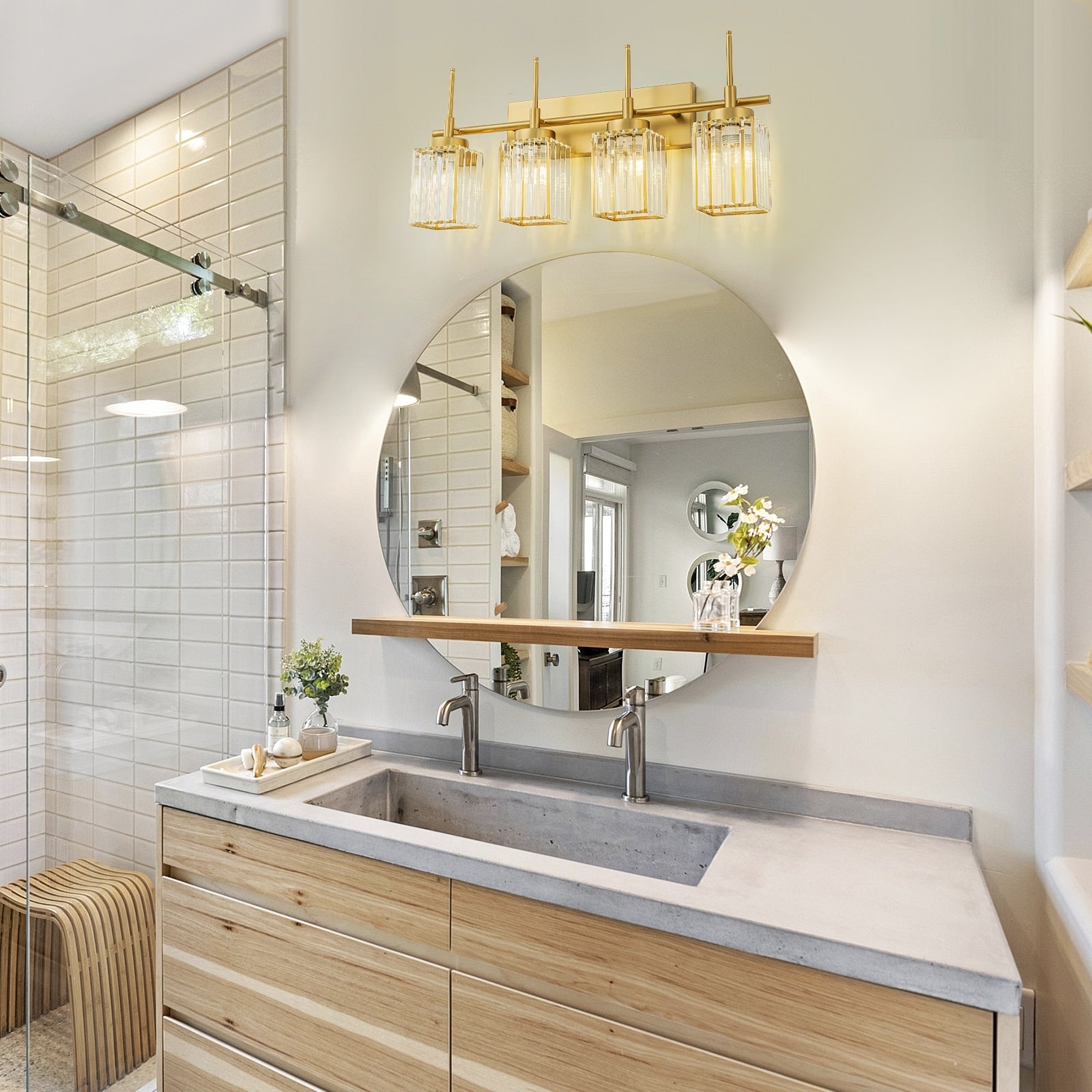 Applique da parete moderna dimmerabile in oro Glam Cylinder, lampada da toeletta in cristallo per bagno