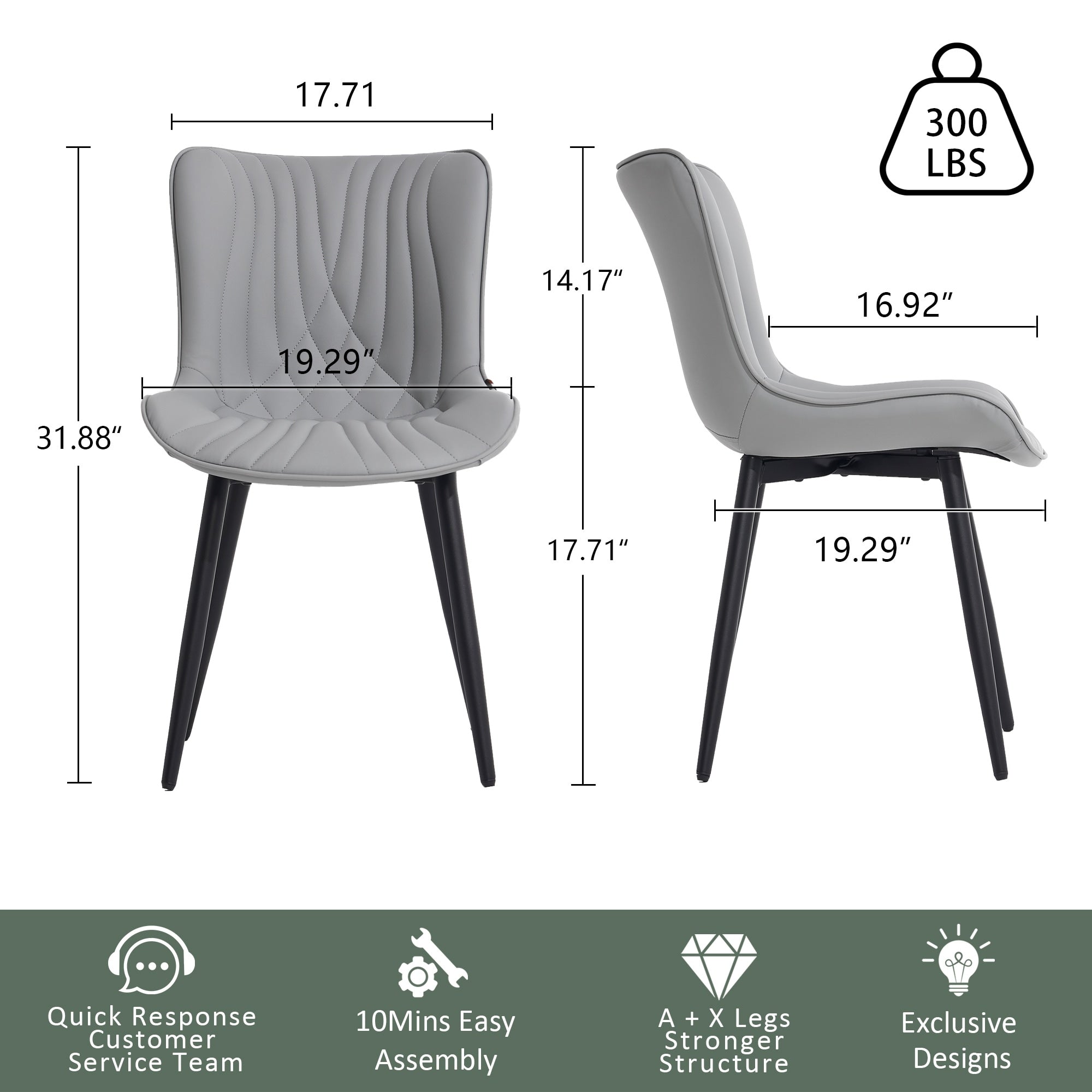 Set di 2 sedie da pranzo moderne imbottite in pelle senza braccioli
